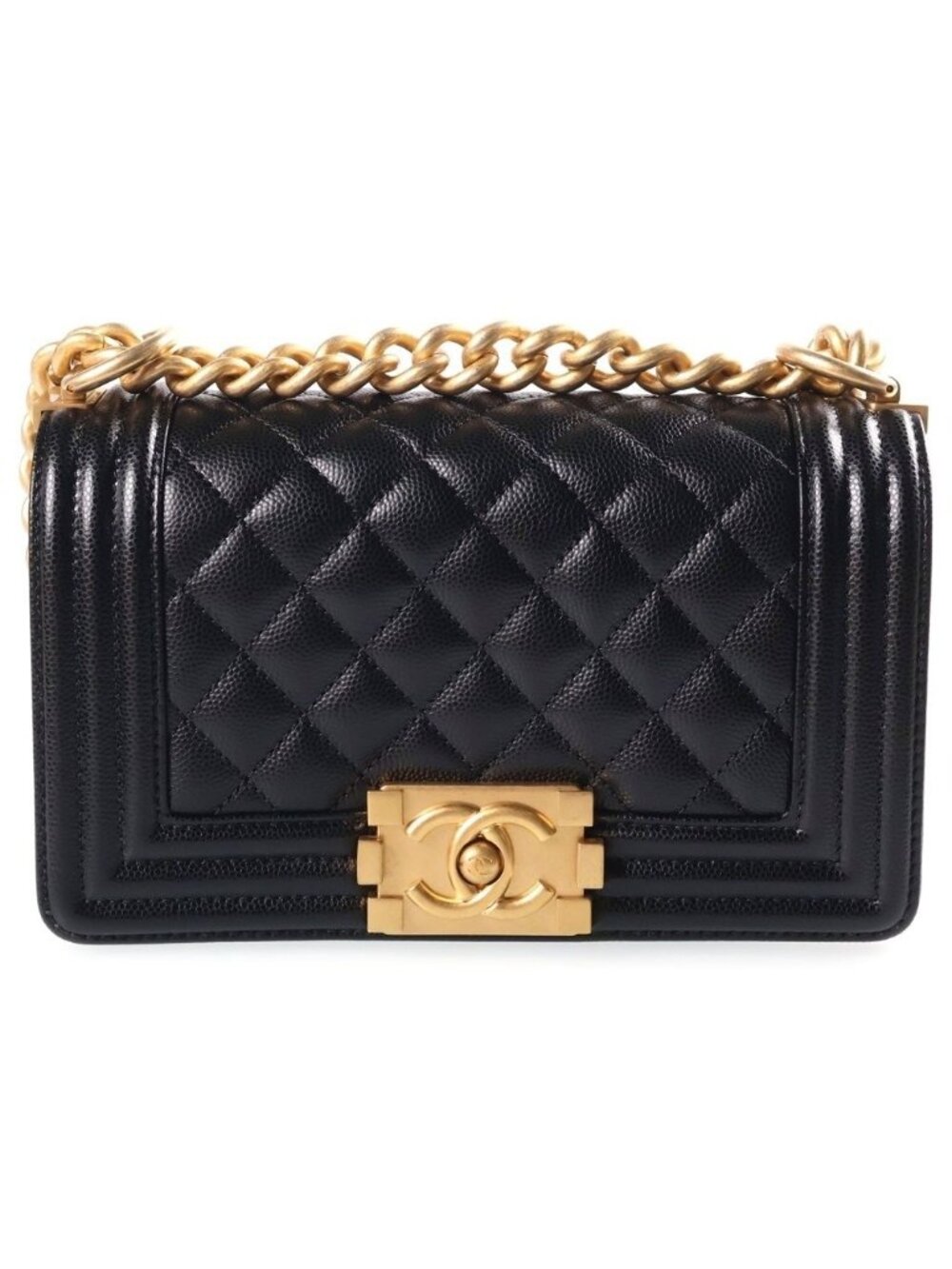 Chanel Boy 20 Quilted Small Caviar Leather Chain Shoulder Bag Gold Black Plate